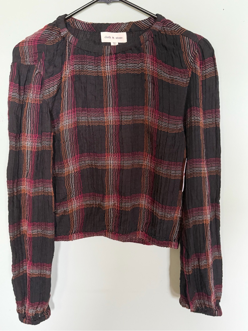 cloth & stone Black Plaid Blouse with Pink and Orange Stripes